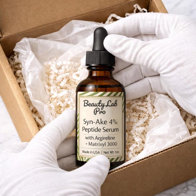 Pu&ograve; includere: Una bottiglia di vetro marrone di siero peptidico Syn-Ake 4% Beauty Lab Pro con Argireline + Matrixyl 3000, tenuta in mani guantate. L'etichetta include "Made in USA" e "Net Wt 28g". La bottiglia ha un contagocce nero ed &egrave; confezionata in una scatola di cartone.