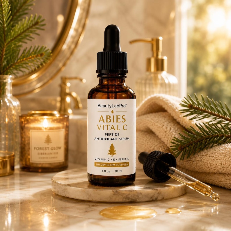 May include: A brown glass dropper bottle of BeautyLabPro Abies Vital C peptide antioxidant serum. The white label features the text Abies Vital C, Vitamin C + E + Ferulic, and 1 fl oz | 30 ml. A black dropper cap is placed next to the bottle on a marble base.