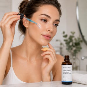 May include: A woman applying a blue serum from a dropper to her face. A brown bottle of BeautyLabPro Copper Peptide GHK-Cu 0.5% Regenerating Serum is visible. The serum is for skin renewal, firming, and radiance.