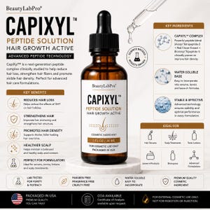 May include: A brown glass dropper bottle labelled BeautyLabPro Capixyl Peptide Solution Hair Growth Active, 30 ml. The label details key benefits, ingredients, and usage information. A glass dropper is positioned above the bottle.