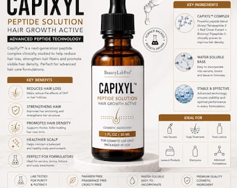 Solution peptidique CapiXyl 30 ml, ingrédient cosmétique pour la densité capillaire, additif pour sérum capillaire maison, sans parabènes, fabriqué aux États-Unis.