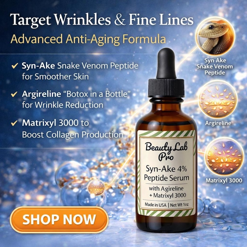 Pu&ograve; includere: Una bottiglia di vetro marrone di siero peptidico Syn-Ake 4% Beauty Lab Pro con un contagocce nero. L'etichetta elenca ingredienti come Syn-Ake, Argireline e Matrixyl 3000. Il testo dice anche "Target Wrinkles & Fine Lines" e "Advanced Anti-Aging Formula".