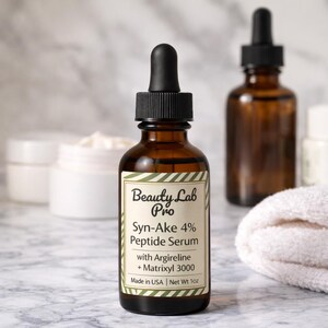 Pu&ograve; includere: Una bottiglia di vetro marrone di Beauty Lab Pro Syn-Ake 4% Peptide Serum con un contagocce nero. L'etichetta include il testo "with Argireline + Matrixyl 3000" e "Made in USA | Net Wt 1oz". Altre bottiglie e un asciugamano bianco sono sullo sfondo.