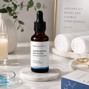 May include: A brown glass bottle of BeautyLabPro Copper Peptide GHK-Cu 0.5% Regenerating Serum sits on a white marble stand. The bottle has a black dropper and a white label with product information. A lit candle, rolled white towels, and a gold necklace are also visible.
