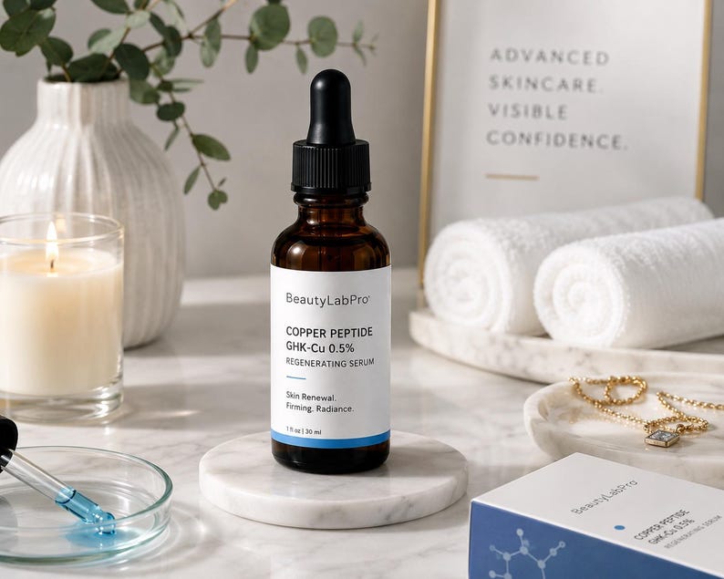 May include: A brown glass bottle of BeautyLabPro Copper Peptide GHK-Cu 0.5% Regenerating Serum sits on a white marble stand. The bottle has a black dropper and a white label with product information. A lit candle, rolled white towels, and a gold necklace are also visible.