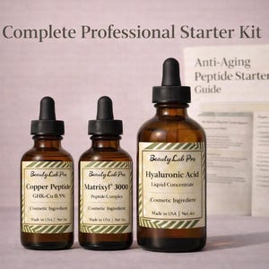 May include: A complete professional starter kit featuring three amber glass bottles with black droppers. The bottles contain Copper Peptide, Matrixyl 3000, and Hyaluronic Acid. A guide titled "Anti-Aging Peptide Starter Kit Guide" is visible in the background.