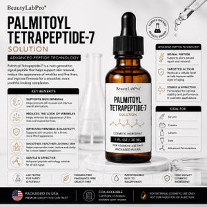 May include: An amber glass dropper bottle labelled BeautyLabPro Palmitoyl Tetrapeptide-7 Solution, 30 ml. The label details key benefits, advanced peptide technology, and usage information. A glass pipette is visible above the bottle.