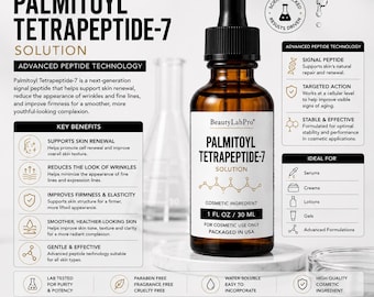 Solution de palmitoyl tétrapeptide-7 30 ml, ingrédient cosmétique peptidique anti-âge, additif pour sérum de soin maison, sans parabènes, fabriqué aux États-Unis.