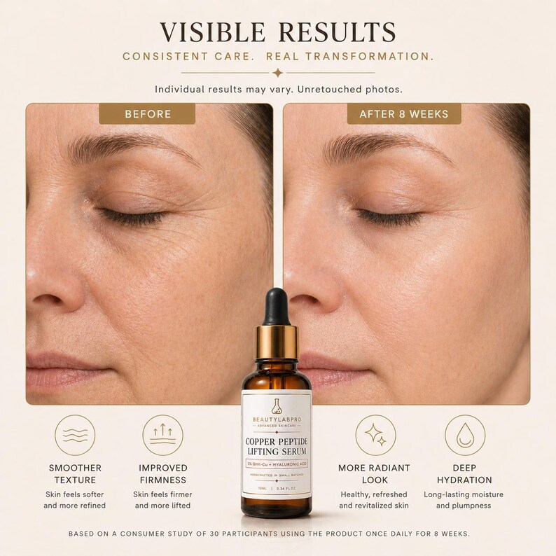 May include: An advertisement for a Copper Peptide Lifting Serum. The image shows a before-and-after comparison of a person's face, with the text "Visible Results" at the top. The serum bottle is in the center, with text describing the product's benefits.