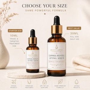 May include: Two amber glass bottles of Copper Peptide Lifting Serum with dropper applicators. The smaller bottle is 10ml, the larger is 30ml. Text on the bottles reads "BEAUTYLABPRO" and "COPPER PEPTIDE LIFTING SERUM". The image includes the text "CHOOSE YOUR SIZE".