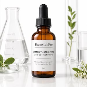 May include: An amber glass dropper bottle with a black cap and a white label reading BeautyLabPro MATRIXYL 3000-TYPE LIPO CONCENTRATE Professional Cosmetic Ingredient For Formulation Use Only 1 oz, positioned among laboratory glassware and small green plants.
