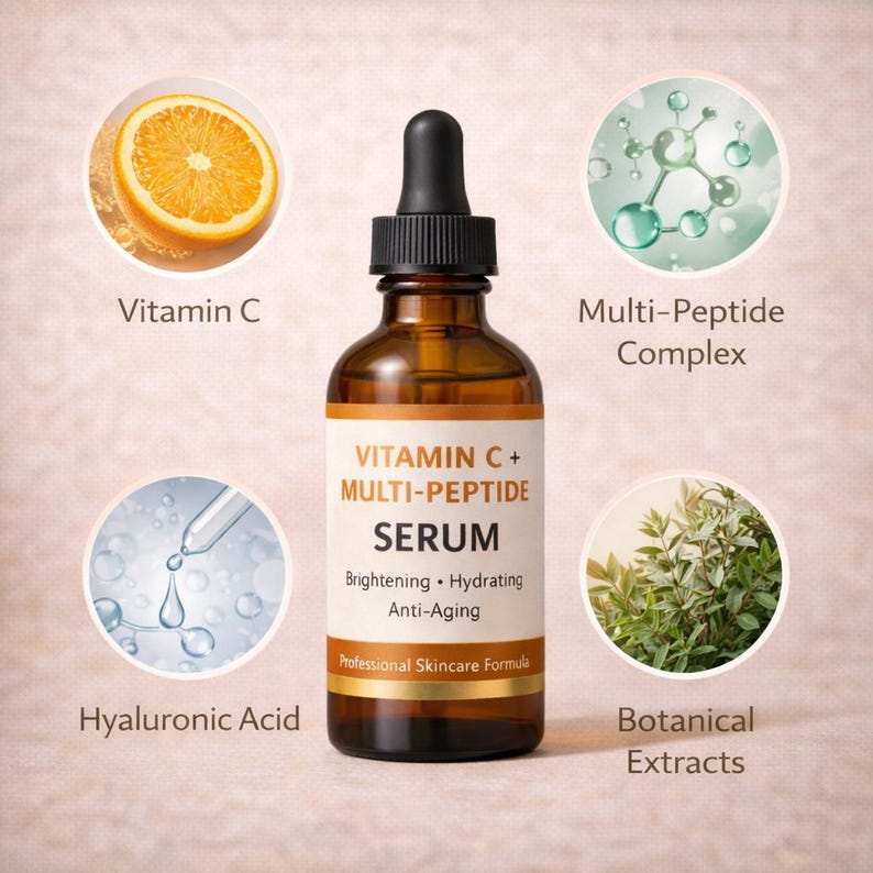 May include: A brown glass serum bottle with a black dropper, labeled "Vitamin C + Multi-Peptide Serum." The image includes circular insets with an orange slice, botanical extracts, and text: "Brightening, Hydrating, Anti-Aging."