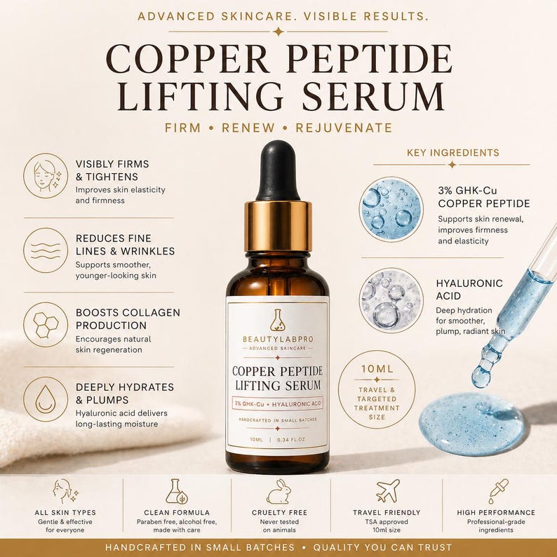 May include: A brown glass bottle of Copper Peptide Lifting Serum with a dropper, set against a white background. The label includes the brand name, product name, and key ingredients. Text highlights benefits like firming, reducing wrinkles, and boosting collagen. The bottle is 10 ml.