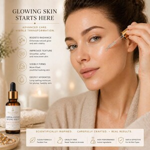 May include: A woman applying Copper Peptide Lifting Serum. The image includes the text "Glowing Skin Starts Here" and highlights benefits like boosting radiance and improving texture. The serum bottle is brown with a dropper.