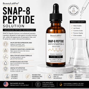 May include: An amber glass dropper bottle of BeautyLabPro SNAP-8 Peptide Solution, 30 ml, labelled as a cosmetic ingredient. The bottle sits on a white marble base next to a glass beaker, with text detailing product highlights and specifications.
