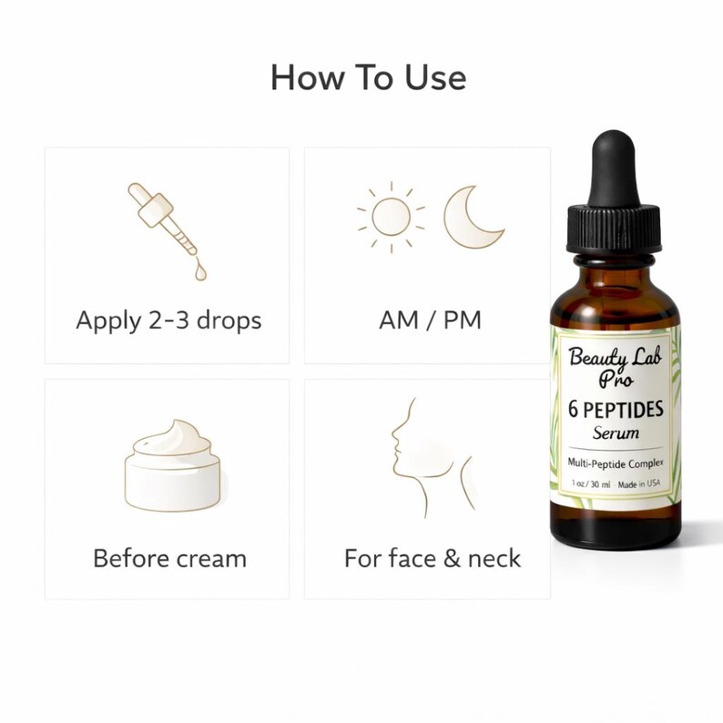 Peut inclure: Une bouteille en verre marron de s&eacute;rum Beauty Lab Pro 6 Peptides avec un compte-gouttes noir. L'&eacute;tiquette comprend des instructions : Appliquer 2-3 gouttes, AM/PM, avant la cr&egrave;me, pour le visage et le cou. Contient 30 ml.
