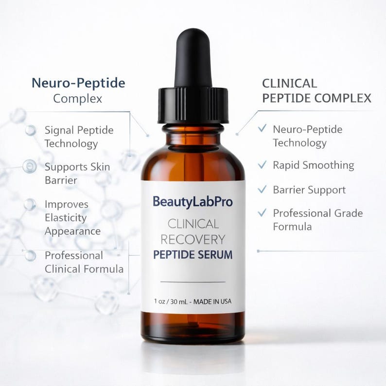 May include: A brown glass bottle of BeautyLabPro Clinical Recovery Peptide Serum with a black dropper. The label includes the text "Neuro-Peptide Complex" and "Clinical Peptide Complex". The bottle contains 1 oz / 30 mL of serum.