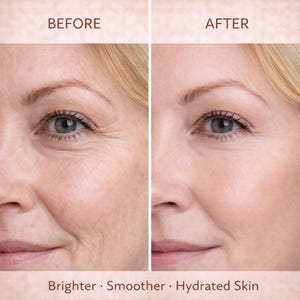 May include: A split image shows a woman's face before and after a skincare treatment. The left side shows wrinkles, while the right side appears smoother. Text at the bottom reads "Brighter &bull; Smoother &bull; Hydrated Skin."