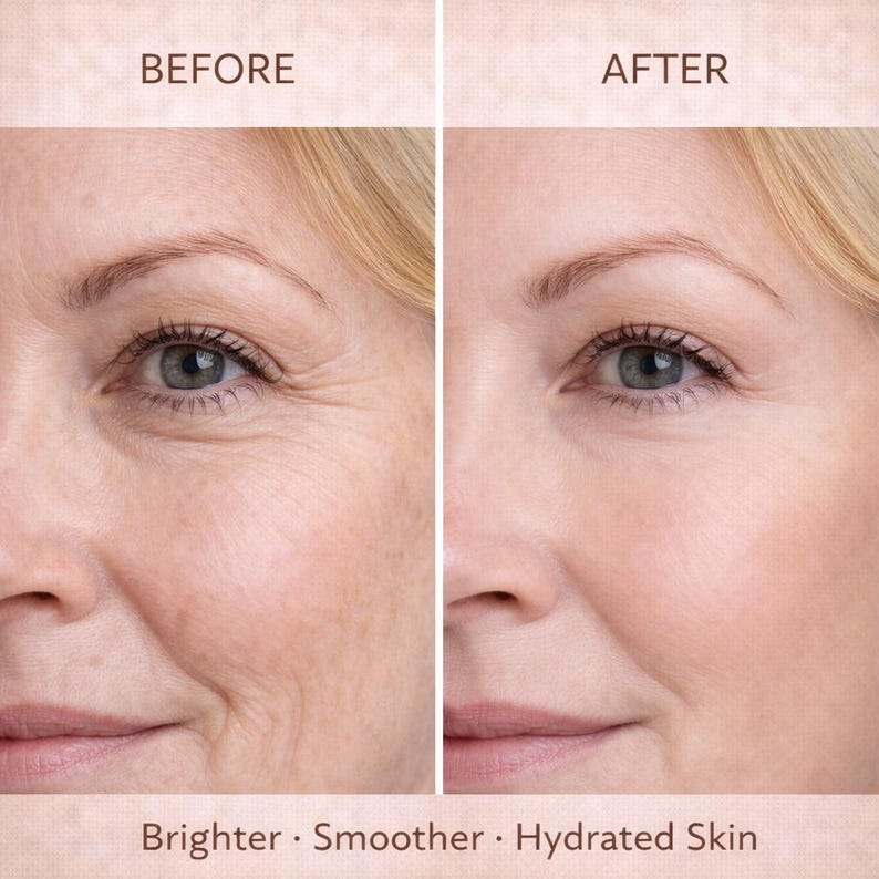 May include: A split image shows a woman's face before and after a skincare treatment. The left side shows wrinkles, while the right side appears smoother. Text at the bottom reads "Brighter &bull; Smoother &bull; Hydrated Skin."