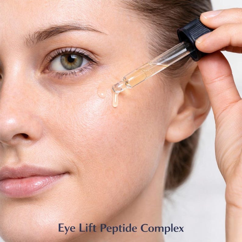 May include: Close-up of a person's face with a dropper dispensing a clear, amber-colored liquid. The dropper is held near the eye area, with a drop of liquid about to fall. The text "Eye Lift Peptide Complex" is at the bottom of the image.