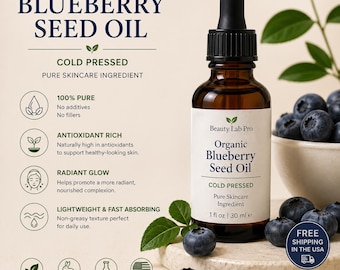 Olej z pestek borówki amerykańskiej, organiczny • Olejek do twarzy tłoczony na zimno • Antyoksydacyjny olejek rozświetlający • Lekka pielęgnacja skóry • 1 uncja • BeautyLabPro