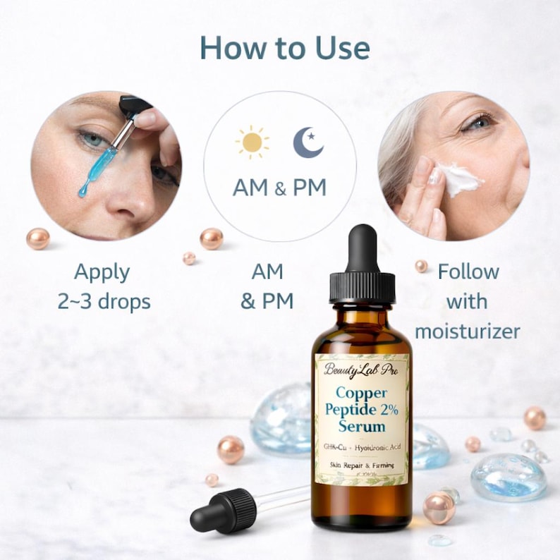 May include: A brown glass bottle of Beauty Lab Pro Copper Peptide 2% Serum with a black dropper. The image shows how to use the serum, applying 2-3 drops in the AM and PM, followed by moisturizer. The product is for skin repair and firming.