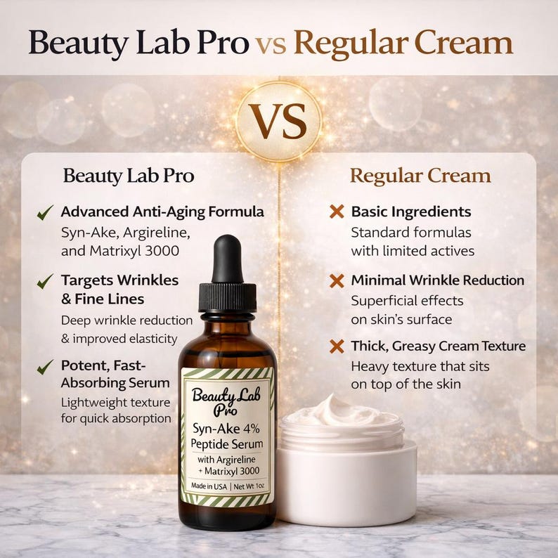 Pu&ograve; includere: Una pubblicit&agrave; che confronta il siero Beauty Lab Pro con la crema normale. L'immagine presenta una bottiglia marrone di Syn-Ake 4% Peptide Serum e un vasetto bianco di crema. Il testo evidenzia la formula anti-et&agrave; avanzata e la riduzione delle rughe del siero.