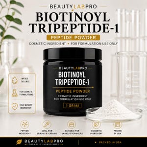 May include: A black jar labeled BEAUTYLABPRO BIOTINOYL TRIPEPTIDE-1 PEPTIDE POWDER, 1 GRAM, with a small glass dish containing white powder. The label specifies cosmetic ingredient for formulation use only, water soluble, and high quality.