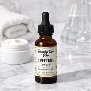 Peut inclure: Une bouteille en verre brun de s&eacute;rum Beauty Lab Pro 6 Peptides avec un compte-gouttes noir. L'&eacute;tiquette indique "Multi-Peptide Complex" et "1 oz / 30 ml - Made in USA". Un pot de cr&egrave;me blanc et une serviette blanche roul&eacute;e sont en arri&egrave;re-plan.