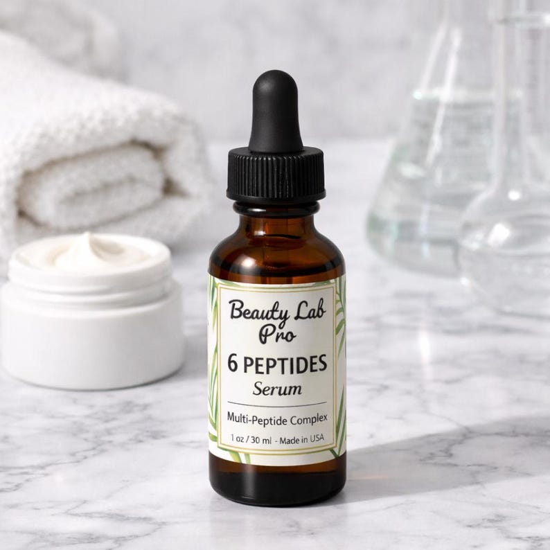 Peut inclure: Une bouteille en verre brun de s&eacute;rum Beauty Lab Pro 6 Peptides avec un compte-gouttes noir. L'&eacute;tiquette indique "Multi-Peptide Complex" et "1 oz / 30 ml - Made in USA". Un pot de cr&egrave;me blanc et une serviette blanche roul&eacute;e sont en arri&egrave;re-plan.