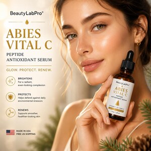 May include: A brown glass dropper bottle of BeautyLabPro Abies Vital C Peptide Antioxidant Serum. The label features gold text, a pine tree icon, and states 1 fl oz | 30 ml. The packaging highlights benefits like brightens, protects, and renews.