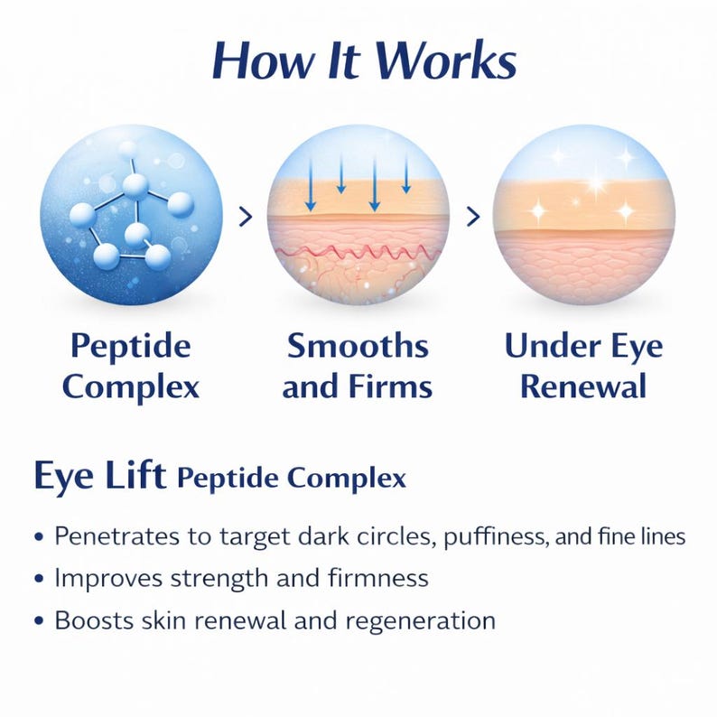 May include: An infographic titled "How It Works" shows the process of an eye lift peptide complex. The graphic includes three stages: Peptide Complex, Smooths and Firms, and Under Eye Renewal. Bullet points describe the benefits.