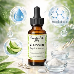 Puede incluir: Una botella de vidrio marrón de Beauty Lab Pro Glass Skin Peptide Serum con un cuentagotas negro. La etiqueta incluye el texto "Hexapeptide + 5% PHA" y "1 oz / 30 ml - Made in USA". La imagen también muestra ingredientes y diagramas.