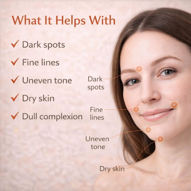 May include: Image promoting skincare benefits. Text lists: dark spots, fine lines, uneven tone, dry skin, and dull complexion. A woman's face is shown with highlighted areas, illustrating the product's effects.