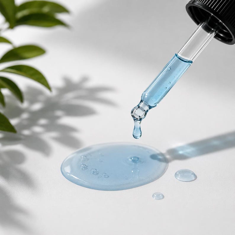 May include: A close-up of a clear glass dropper dispensing a blue liquid onto a white surface. The liquid forms a small puddle with several smaller droplets. The dropper has a black cap and is angled towards the puddle.