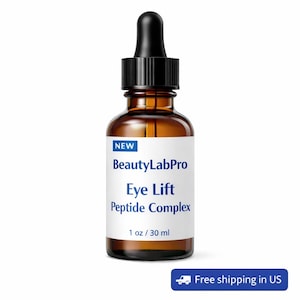 Puede incluir: Botella de vidrio marrón de BeautyLabPro Eye Lift Peptide Complex con un cuentagotas negro. La etiqueta dice "NEW" y "1 oz / 30 ml". El producto es para el cuidado de los ojos.
