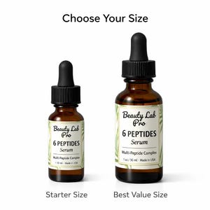 Peut inclure: Deux flacons de s&eacute;rum en verre brun avec des compte-gouttes noirs. Les flacons sont &eacute;tiquet&eacute;s "Beauty Lab Pro 6 Peptides Serum". L'un est "Starter Size" (10 ml), l'autre "Best Value Size" (30 ml).