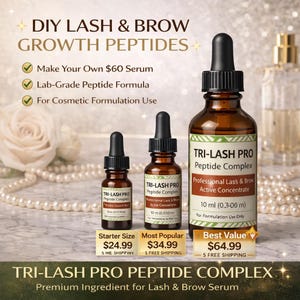 Puede incluir: Tres botellas de vidrio marrón de Tri-Lash Pro Peptide Complex con cuentagotas negros. Las botellas están etiquetadas con información del producto. La imagen incluye el texto "DIY Lash & Brow Growth Peptides."