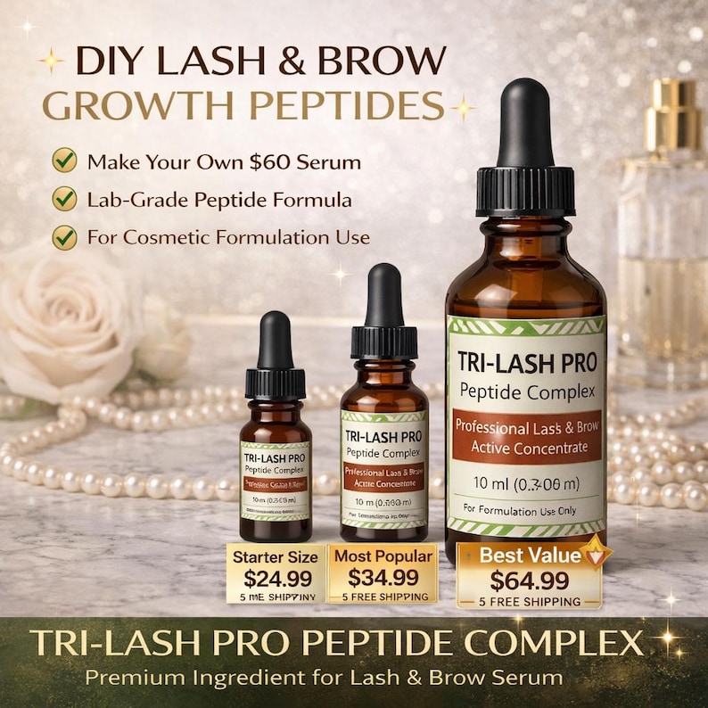 Puede incluir: Tres botellas de vidrio marr&oacute;n de Tri-Lash Pro Peptide Complex con cuentagotas negros. Las botellas est&aacute;n etiquetadas con informaci&oacute;n del producto. La imagen incluye el texto "DIY Lash & Brow Growth Peptides."
