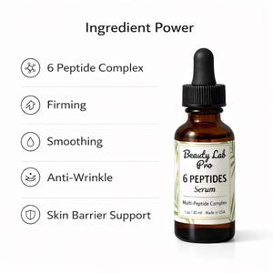 Peut inclure: Une bouteille en verre marron de s&eacute;rum Beauty Lab Pro 6 Peptides avec un compte-gouttes noir. L'&eacute;tiquette indique "6 Peptides Serum" et "Multi-Peptide Complex". L'image montre &eacute;galement les mots "Firming", "Smoothing" et "Anti-Wrinkle".