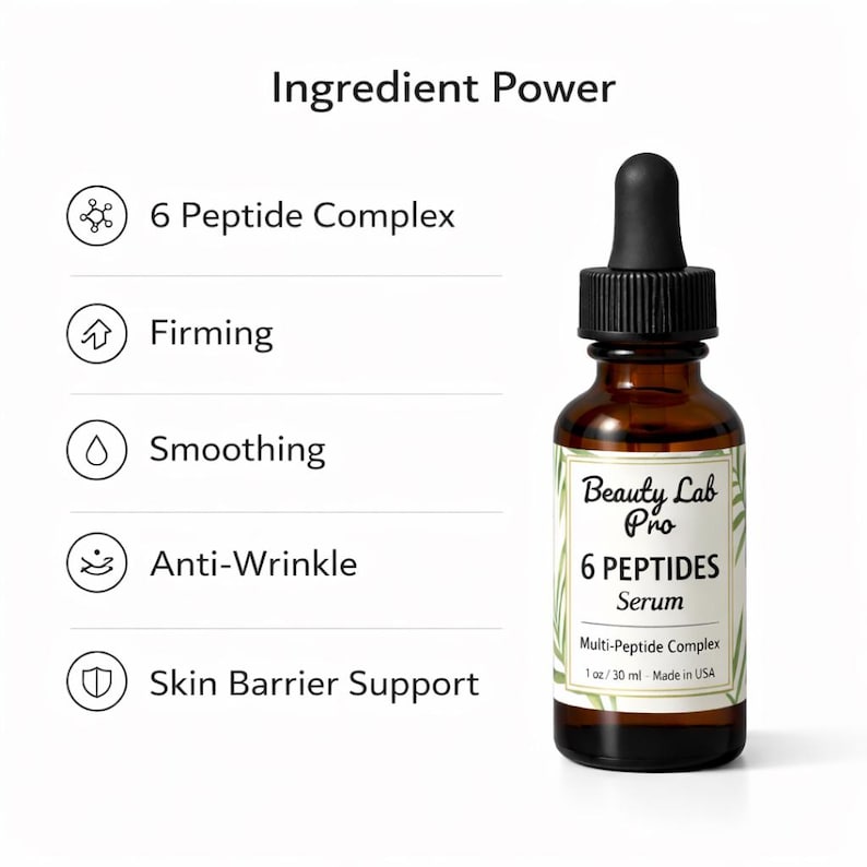 Peut inclure: Une bouteille en verre marron de s&eacute;rum Beauty Lab Pro 6 Peptides avec un compte-gouttes noir. L'&eacute;tiquette indique "6 Peptides Serum" et "Multi-Peptide Complex". L'image montre &eacute;galement les mots "Firming", "Smoothing" et "Anti-Wrinkle".