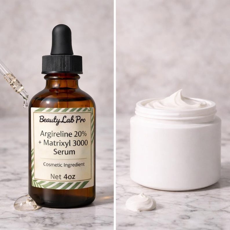 以下が含まれることがあります： 黒いスポイトが付いた茶色のガラス瓶と、"Beauty Lab Pro Argireline 20% + Matrixyl 3000 Serum Cosmetic Ingredient Net 4oz"と書かれた白いラベル。その隣には白いクリームのジャーがあります。