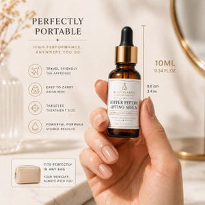 May include: A brown glass bottle of Copper Peptide Lifting Serum, held in a hand. The bottle has a gold cap and a black dropper. The label includes the brand name, product name, and measurements: 10ml and 3.4 fl oz. The bottle is 3.4 inches tall.