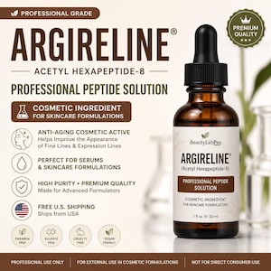 Könnte beinhalten: Eine braune Glastropfflasche mit dem Etikett BeautyLabPro Argireline Acetyl Hexapeptide-8 Professional Peptide Solution, 30 ml. Das Etikett kennzeichnet das Produkt als kosmetischen Inhaltsstoff für Hautpflegeformulierungen mit Anti-Aging-Eigenschaften.