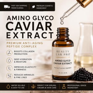 Puede incluir: Una botella de vidrio marrón de Beauty Lab Pro Amino Glyco Caviar Extract, un complejo de péptidos antiedad de primera calidad. La botella contiene 30 ml. El producto es soluble en agua y fácil de usar. Reduce las arrugas y líneas finas.