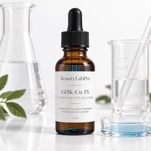 May include: An amber glass dropper bottle with a black cap containing BeautyLabPro GHK-Cu 1% Copper Peptide Solution. The white label displays the product name, concentration, and the text Professional Cosmetic Ingredient For Formulation Use Only 1 oz.