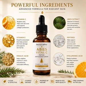 May include: A brown glass dropper bottle of BeautyLabPro Abies Vital C peptide antioxidant serum. The label lists ingredients including Vitamin C, Vitamin E, ferulic acid, Abies extract, peptides, and hyaluronic acid in a 30 ml 1 fl oz bottle.
