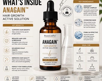 Solution peptidique de croissance capillaire AnaGain 30 ml, ingrédient cosmétique pour le soin du cuir chevelu, additif pour sérum capillaire maison, sans parabènes, États-Unis