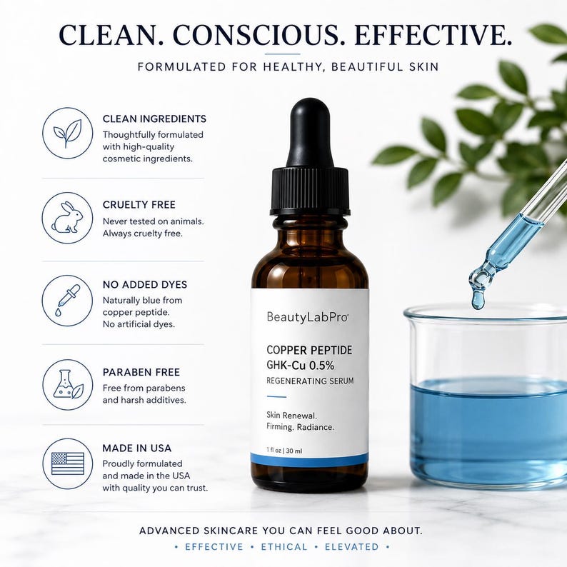 May include: A brown glass bottle of BeautyLabPro Copper Peptide GHK-Cu 0.5% Regenerating Serum. The label indicates 1 fl oz / 30 ml. The image also includes a beaker with blue liquid and text: Clean, Conscious, Effective.
