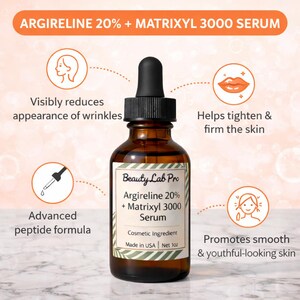 以下が含まれることがあります： Beauty Lab Pro Argireline 20% + Matrixyl 3000 Serumの茶色のガラス瓶。 米国製の化粧品成分で、正味重量は30mlです。 シワを減らし、肌を引き締め、若々しい外観を促進するように設計されています。